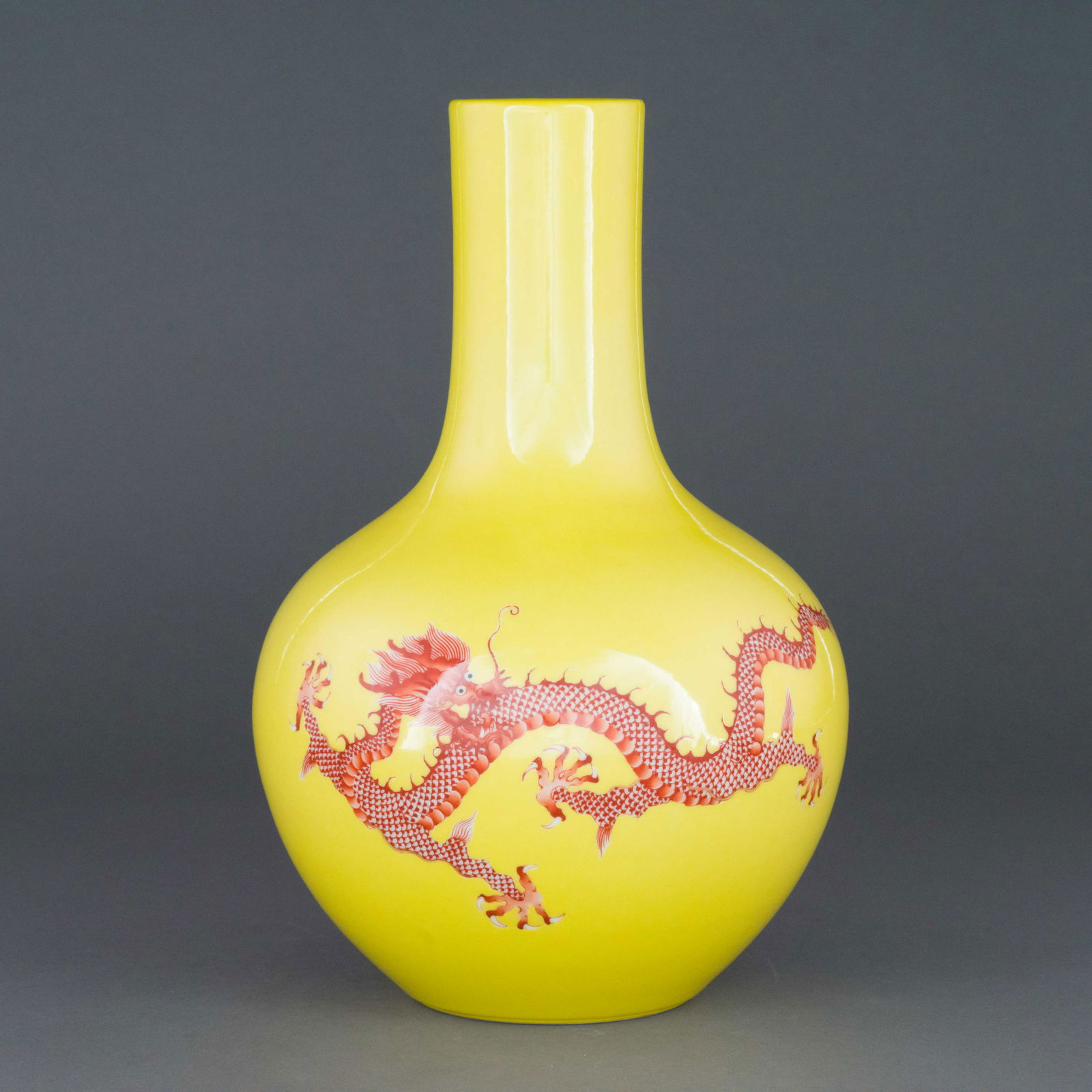 YONGZHENG RED DRAGON OVER FAMILLE JAUN REWARD VASE: Dimensions: Height: 11.75 inch x Width/Diameter: 7.125 inch x Length/Depth: 7.125 inch Dimensions in Centimeter: 29.8 cm x 18.1 cm x 18.1 cm Chinese Qing Dynasty Yongzheng red dragon over famille jaun