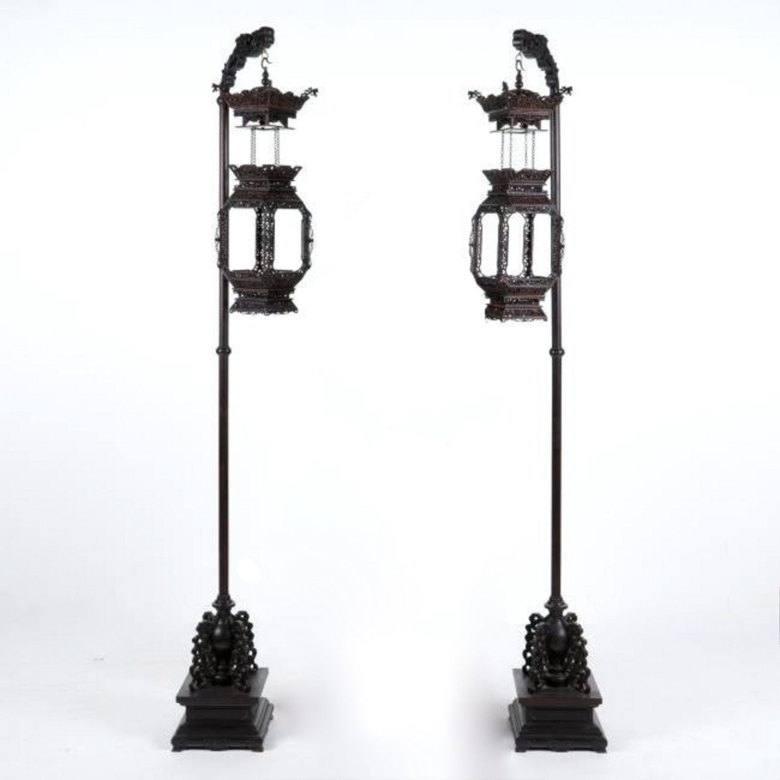 PAIR OF ANTIQUE ZITAN HANGING LANTERNS & POST: Dimensions: Height: 89" Width:10 1/4" Antique Chinese high valued Zitan lantern post. Constructed in a square vase shaped body, with four post supporting the flared top with symmetrical splayed base. 