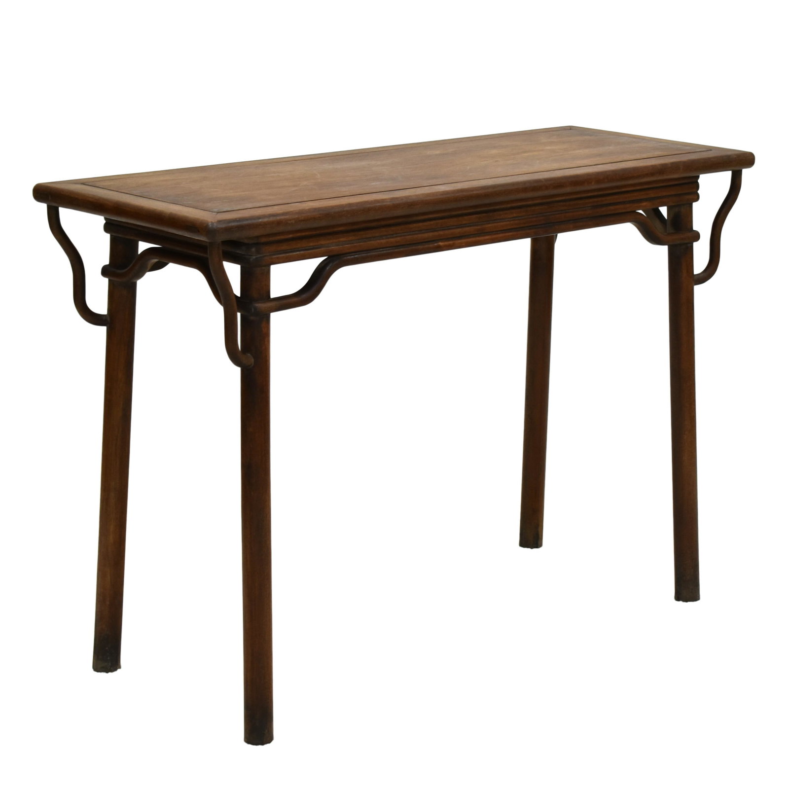 CHINESE HUANGHUALI SIDE ALTAR TABLE: Dimensions: 32-1/2" H x 47" L x 18" D Antique Chinese Huanghuali side altar table, the rectangular top set above beaded apron, characterized with curved bar spandrels flanked on four corners over the 