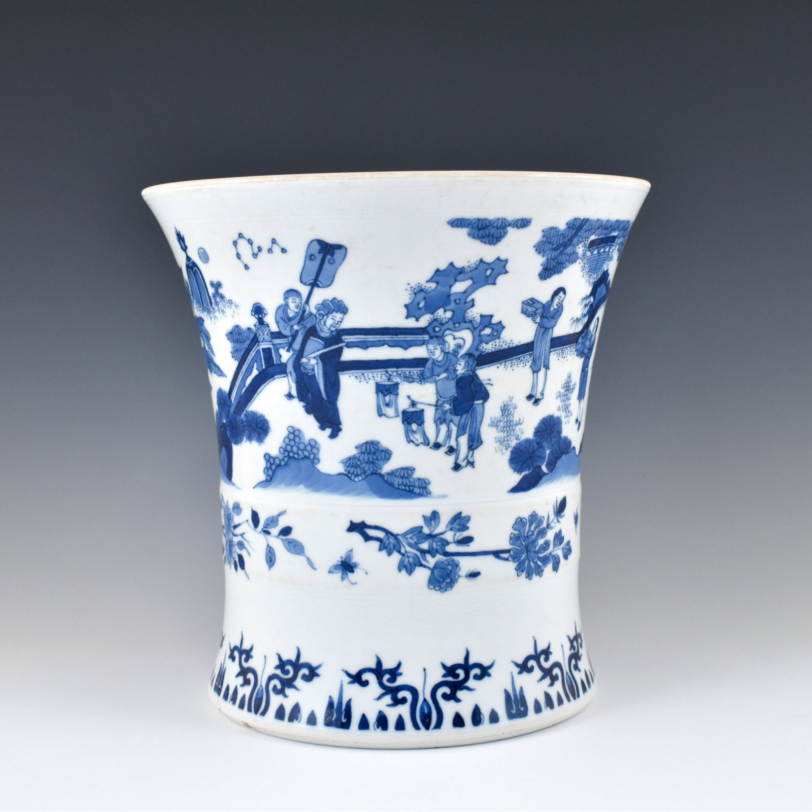 MING CHONGZHEN BLUE & WHITE FIGURAL BRUSH POT: Dimensions: Height: 9 1/4" Diameter: 9 1/8" Chinese Ming Dynasty Chongzhen reign period blue and white porcelain brush pot with a thick cylindrical body with a slightly flared foot base and trumpet-li