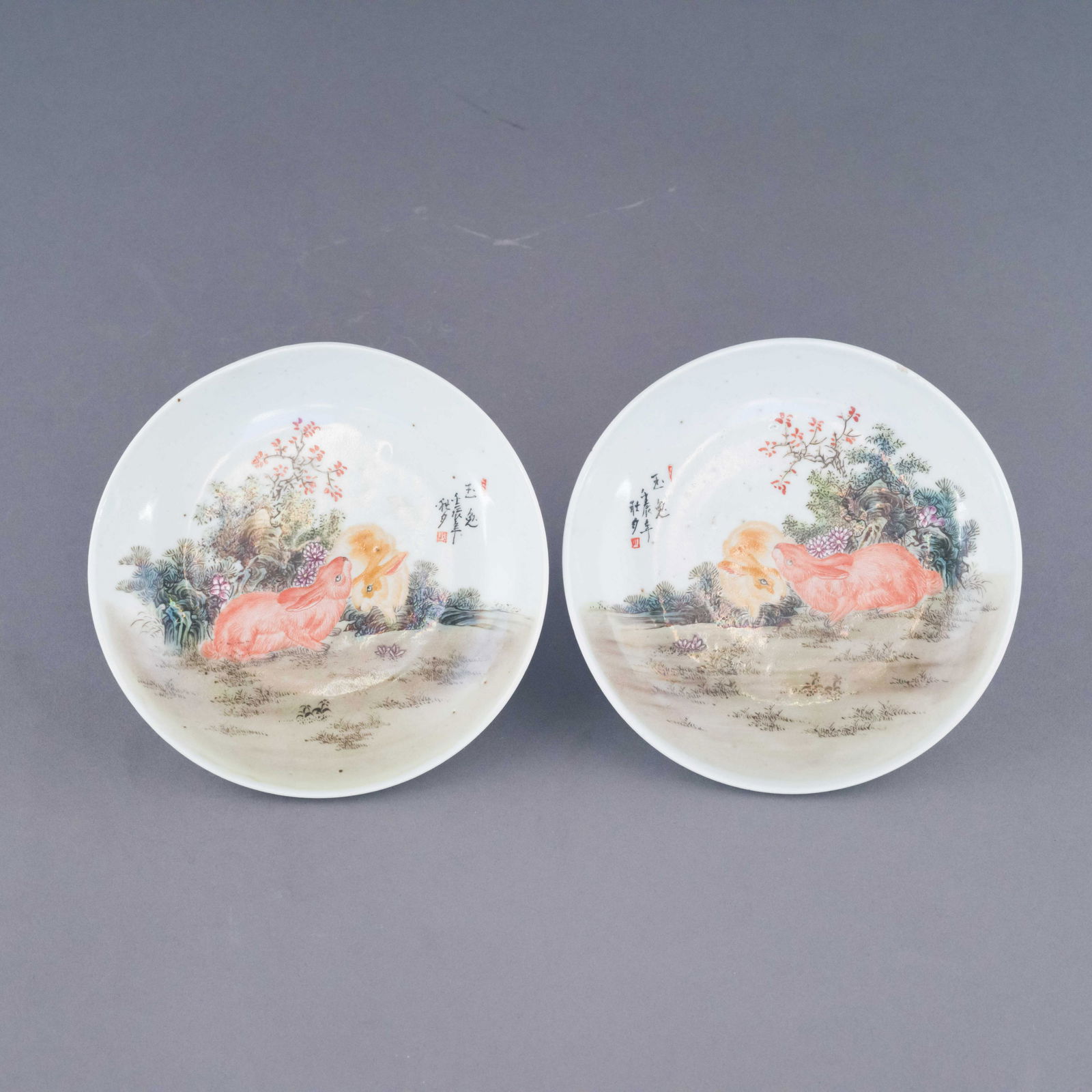 PAIR OF 20TH C CHINESE FAMILLE ROSE HARE PORCELAIN (1 of 7)