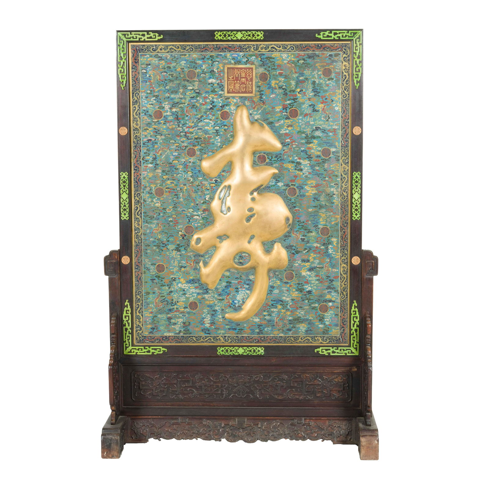 LONGEVITY SHOU GILT BRONZE CLOISONNE SCREEN (1 of 7)