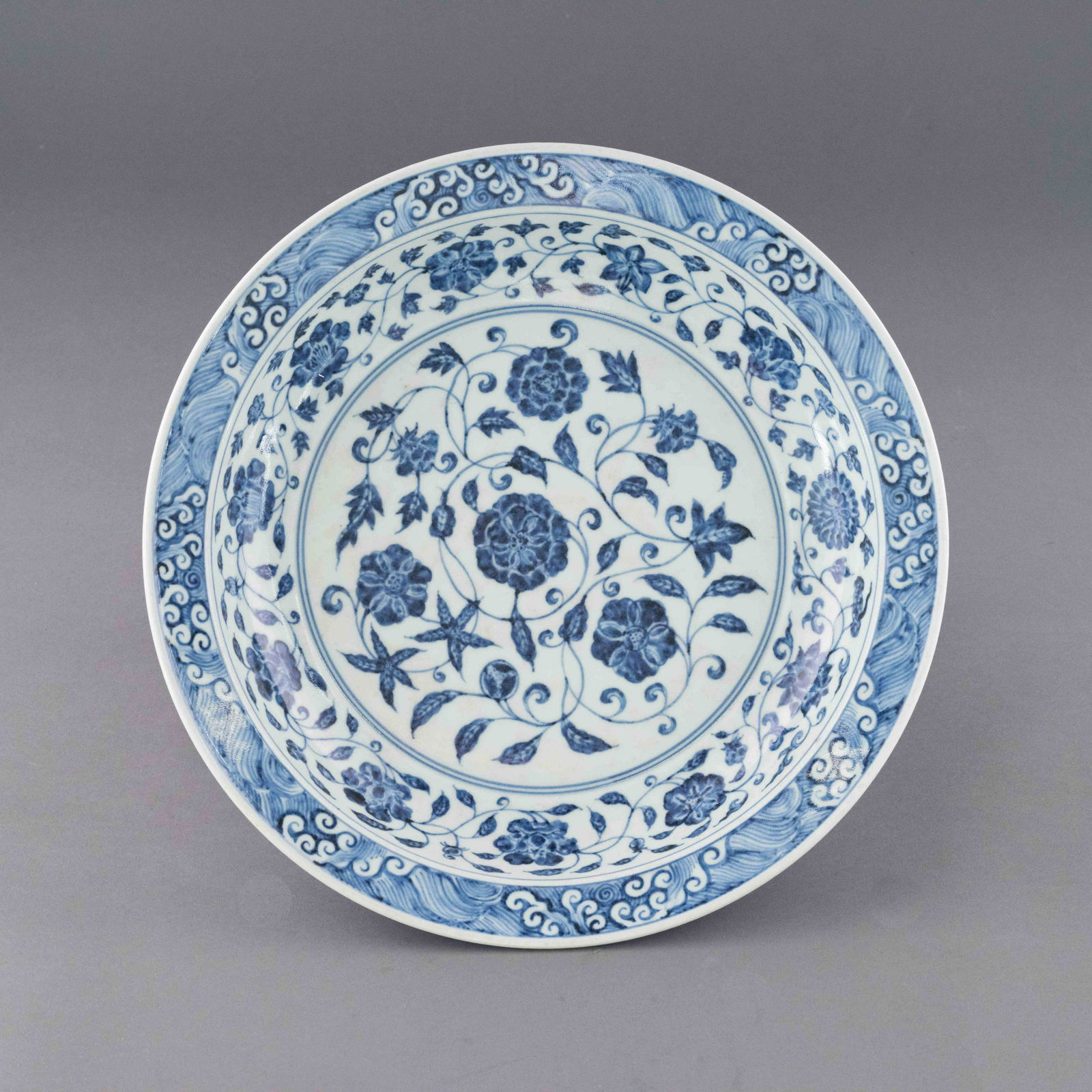 MING BLUE AND WHITE LOTUS WRAPPED FLORAL PLATE (1 of 9)