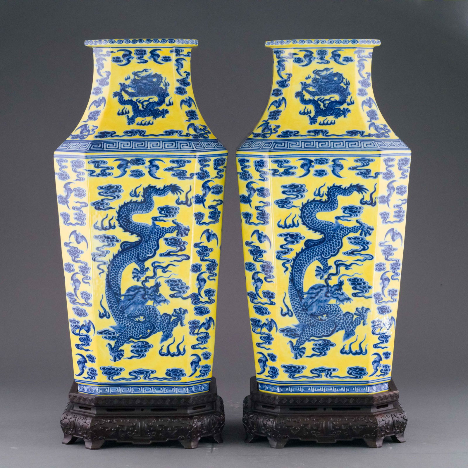 PAIR QIANLONG FAMILLE JAUNE & BLUE DRAGON SQUARE VASES (1 of 6)