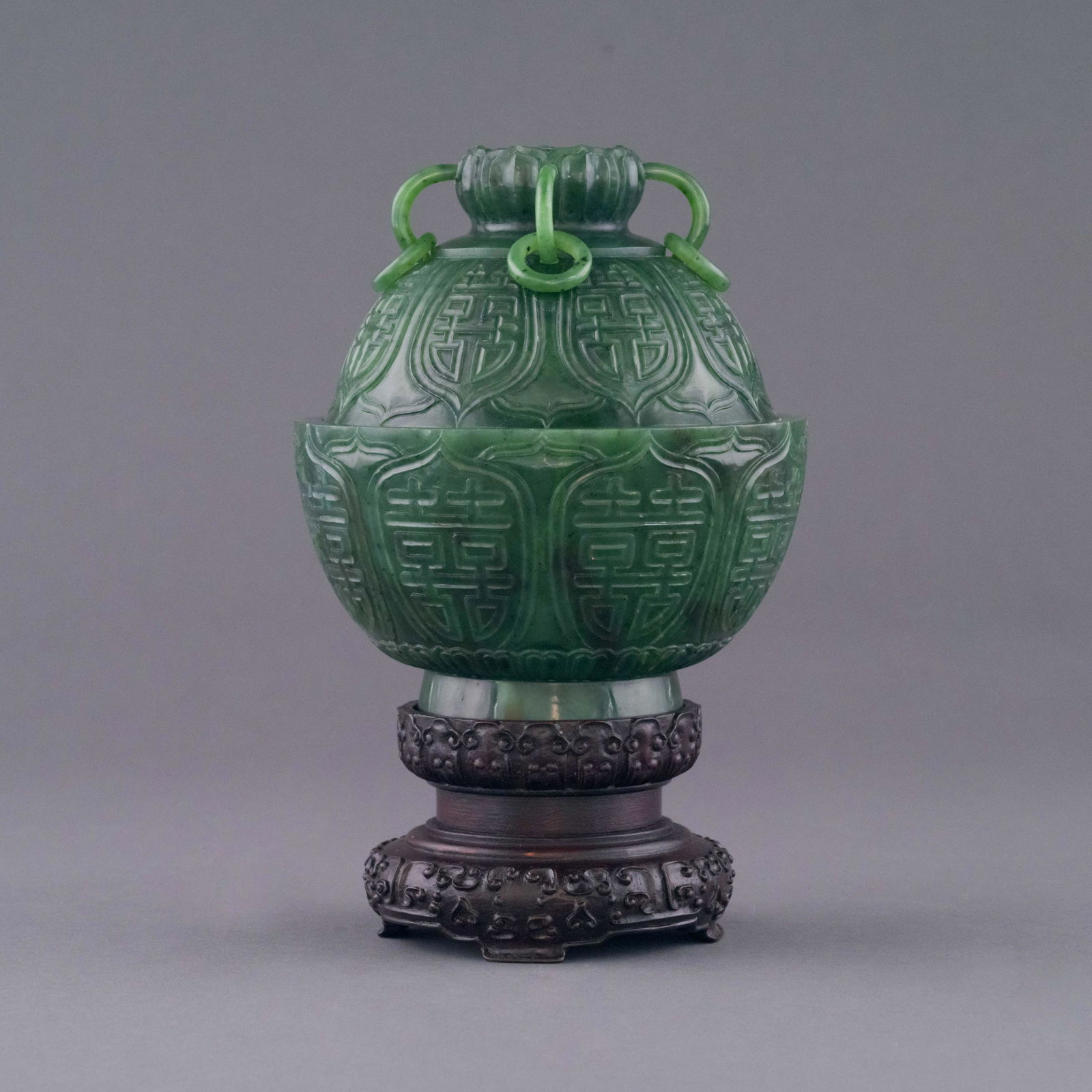 QIANLONG GREEN JADE LIDDED CENSER ON STAND (1 of 4)