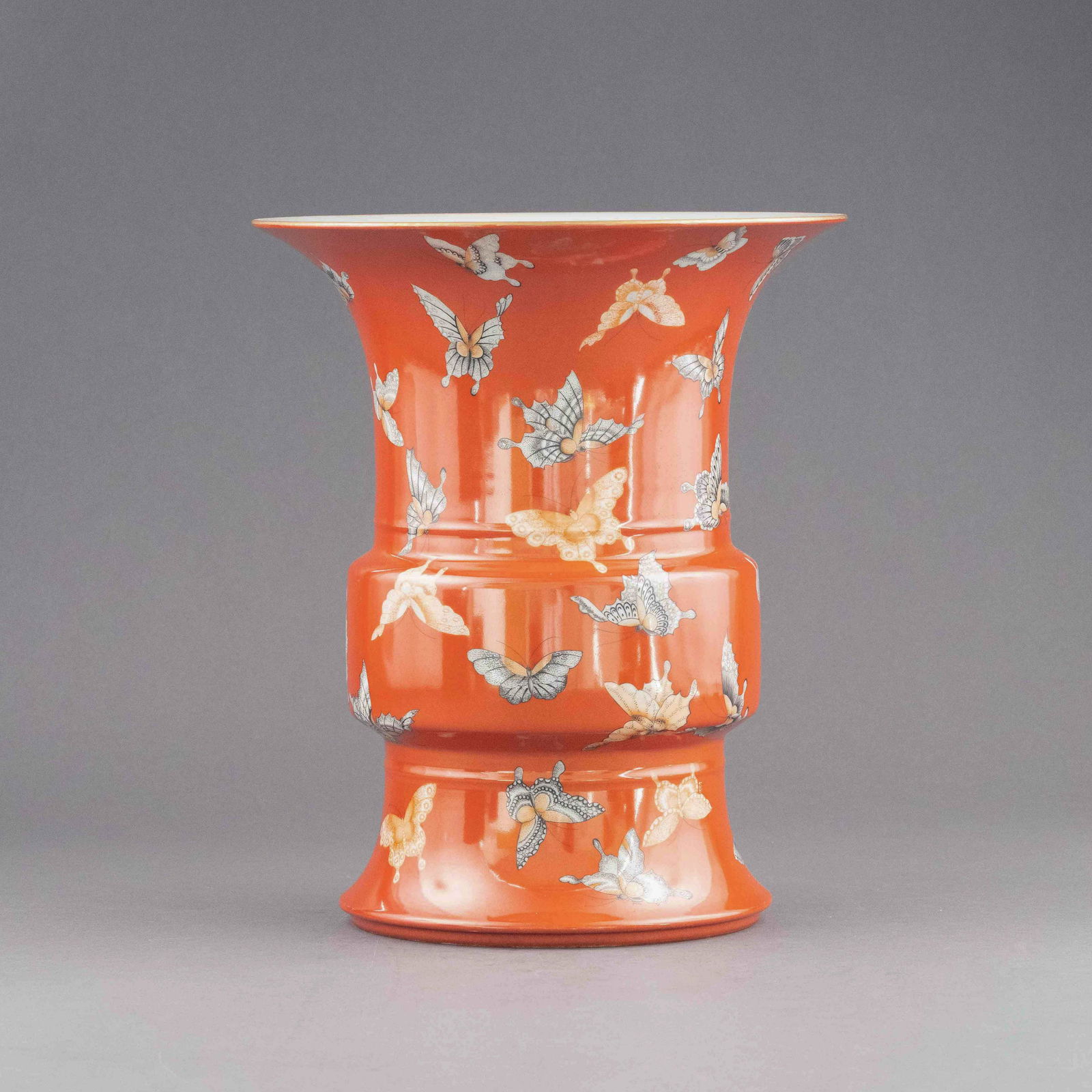 QIANLONG HUNDRED BUTTERFLY RED FLORI-FORM GU VASE (1 of 9)