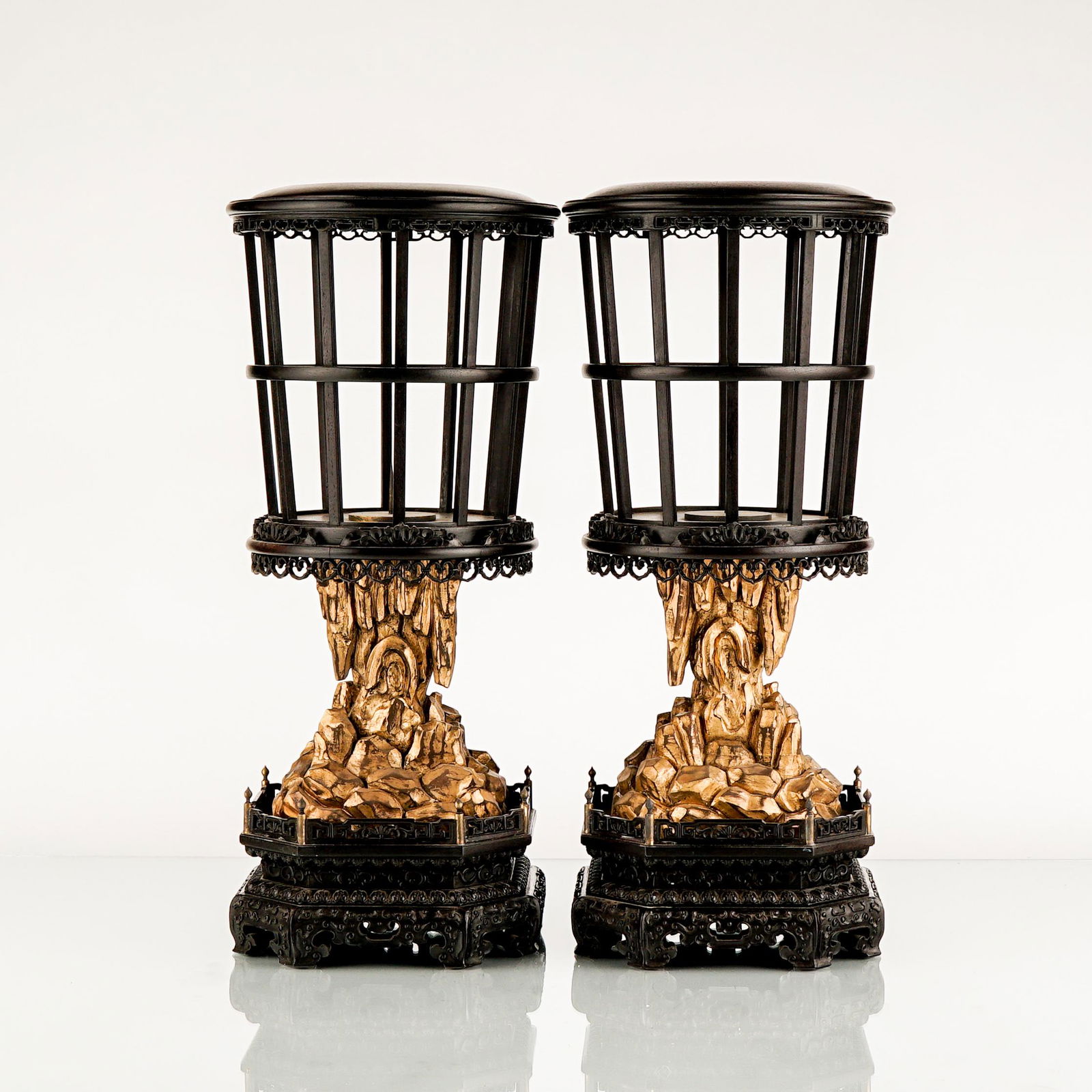 PAIR OF ZITAN CARVED GILT CANDLE STANDS (1 of 10)
