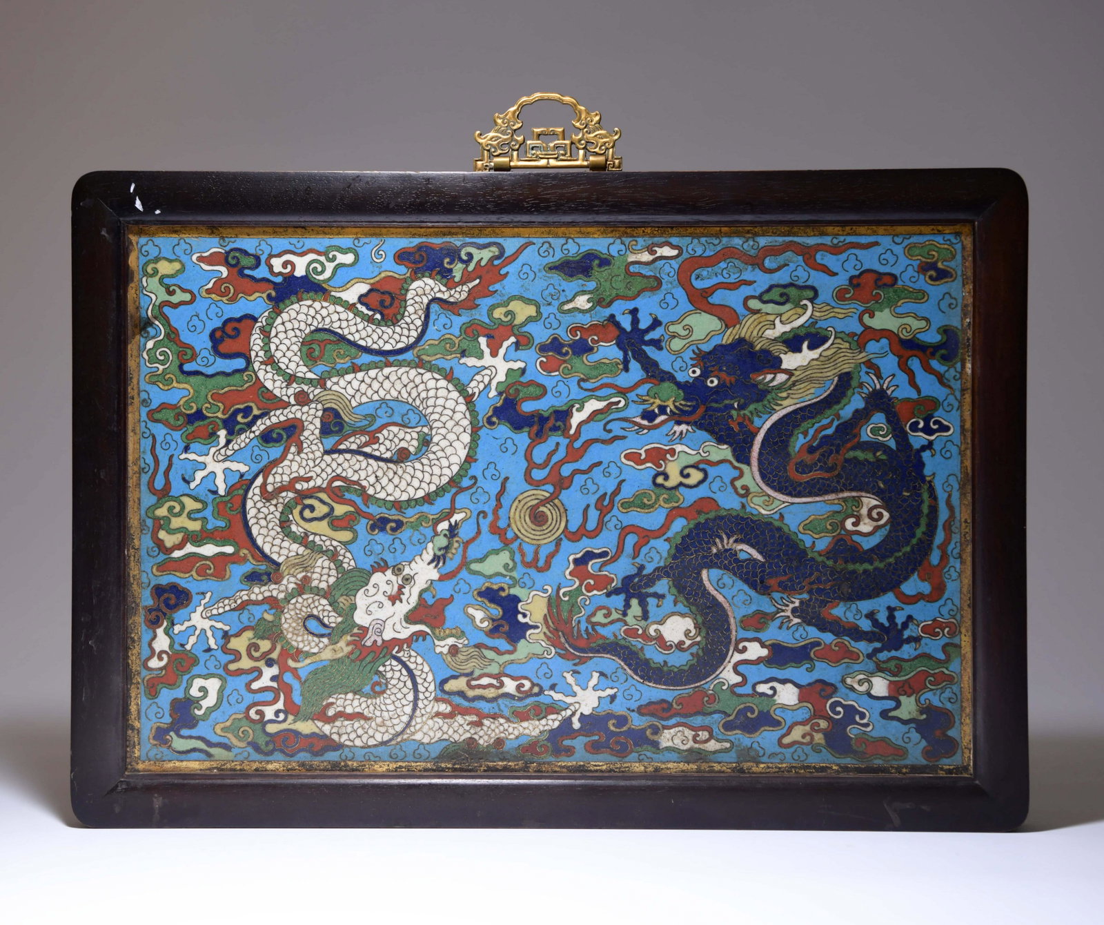 A CHINESE DRAGON PAINTED ENAMEL HANGING SCREEN: PROVENANCE: From the estate of Mrs. Harriet P. collections, Logansport , IN, most items was collected from BELL Antiques, Logansport, Indiana during early 20th C. A Chinese Dragon Painted Enamel Hangi