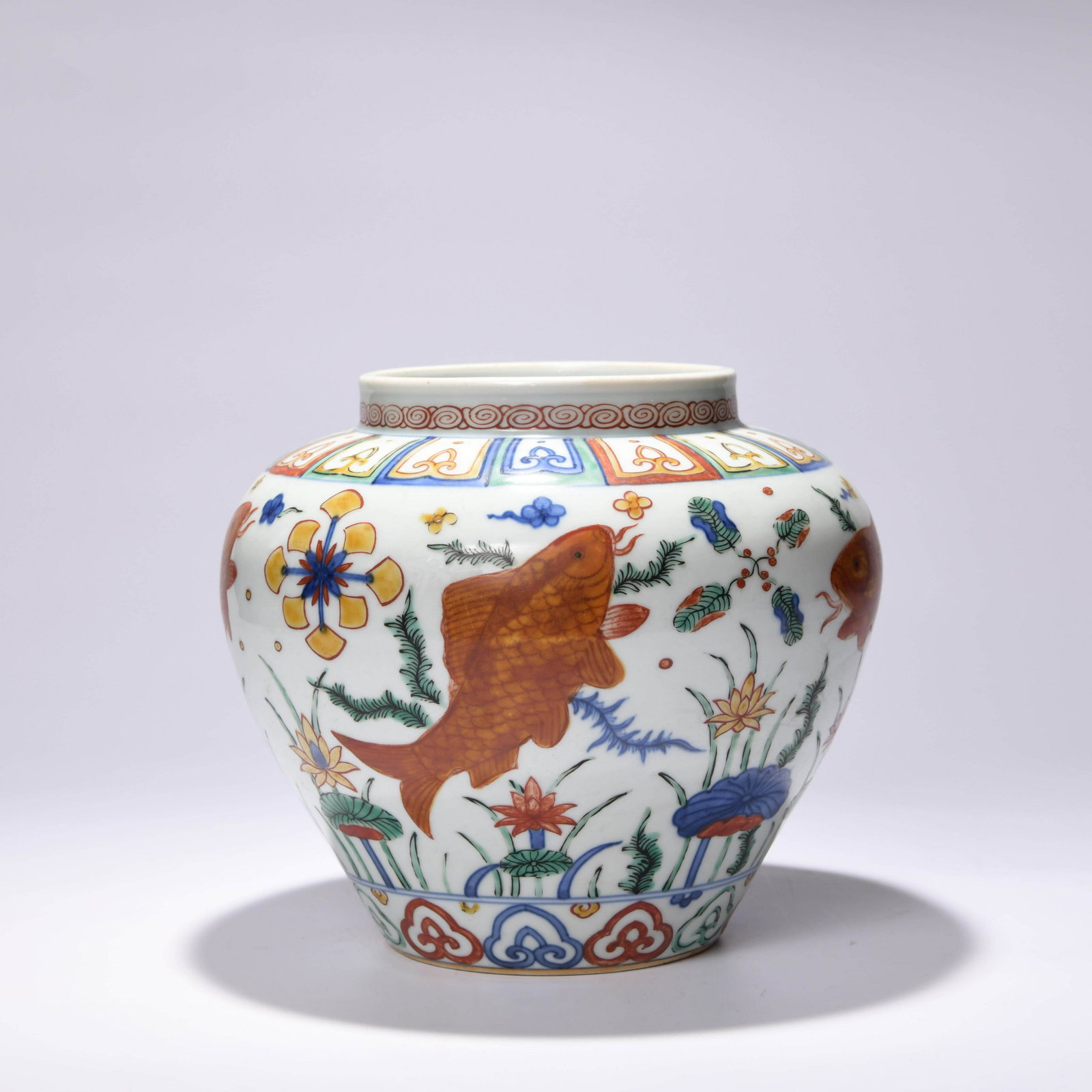 A CHINESE MULTI COLORED FISH & ALGAE GRAIN PORCELAIN: PROVENANCE: From the estate of Mr. Donald A. Pettinelli, White Plains, NY. Trading businesses, creating contacts globally he discovered his enthusiasm for Asian artifacts, mostly Chinese porcelain. Hi