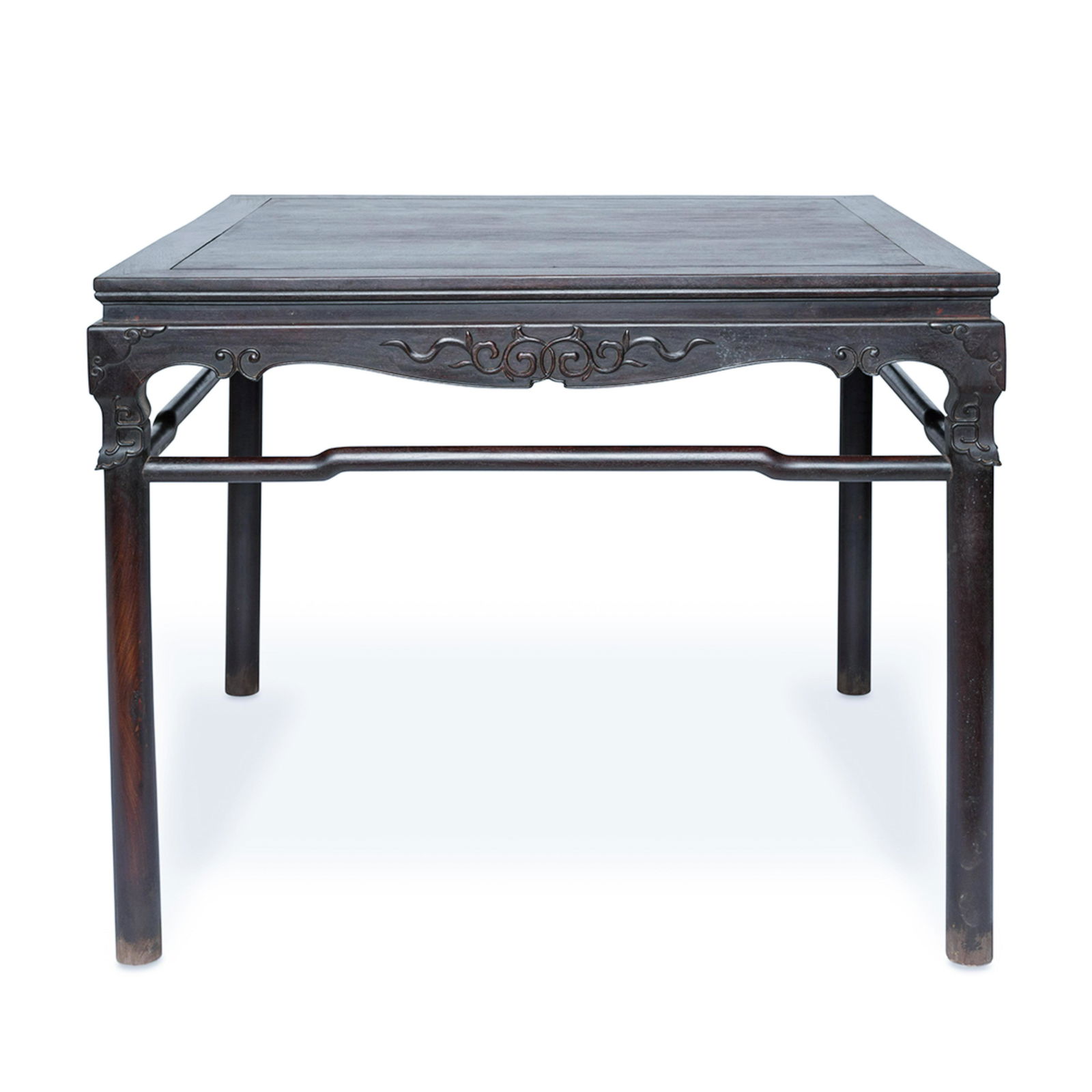 18TH/19TH CHINESE ZITAN SQUARE TABLE: 18/19TH C. Century Chinese Antique Zitan Square table, constructed from a rectangular top surmounted from a scalloped apron, terminating the carved ruyi shaped spandrels flanked over four straight cyl