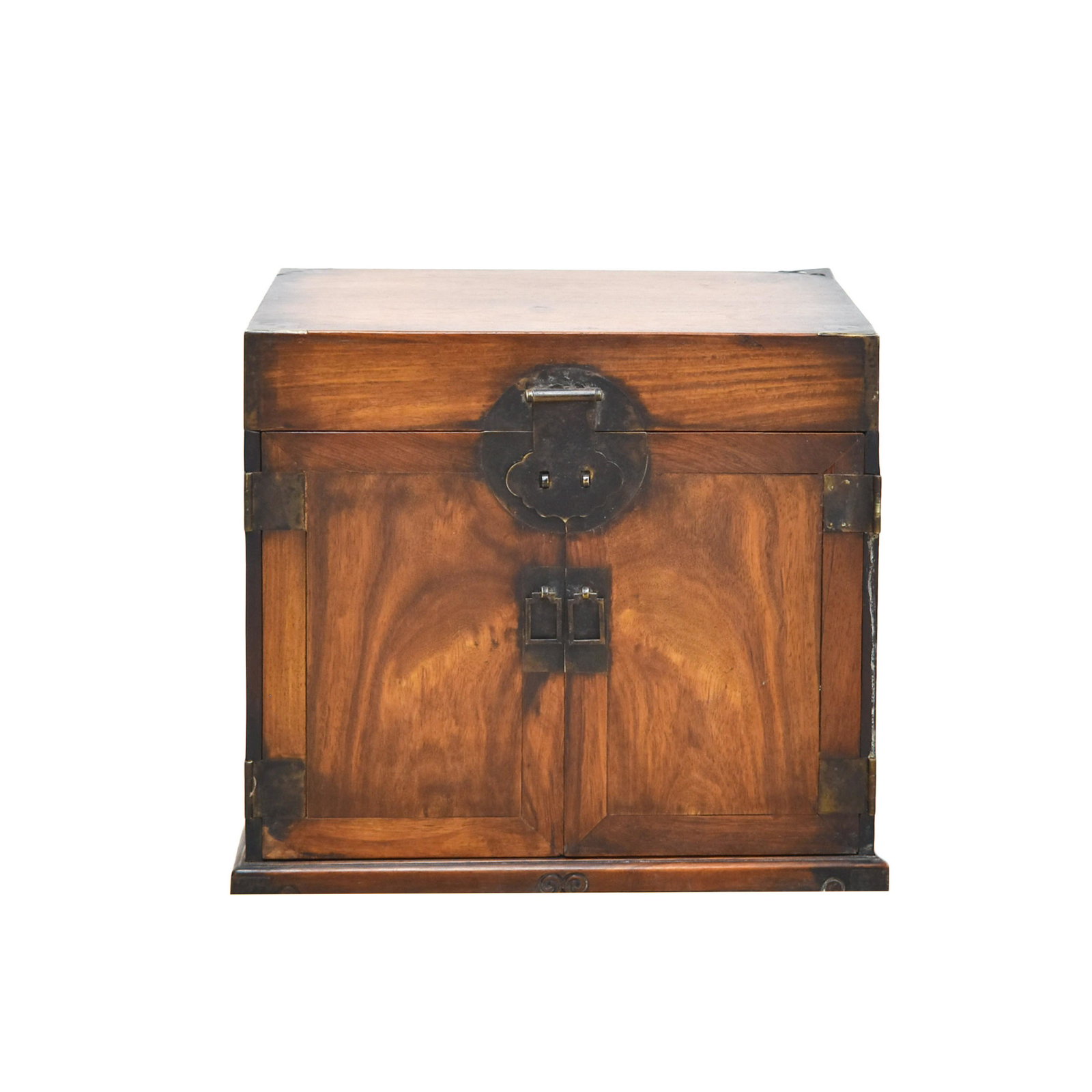 CHINESE HUANGHUALI DRESSING CASE, GUANPIXIANG: CHINESE HUANGHUALI DRESSING CASE, GUANPIXIANG Of rectangular form, the cover opening above a pair of panel doors fitted flush and opening to reveal the interior with five drawers. The box is mounted w