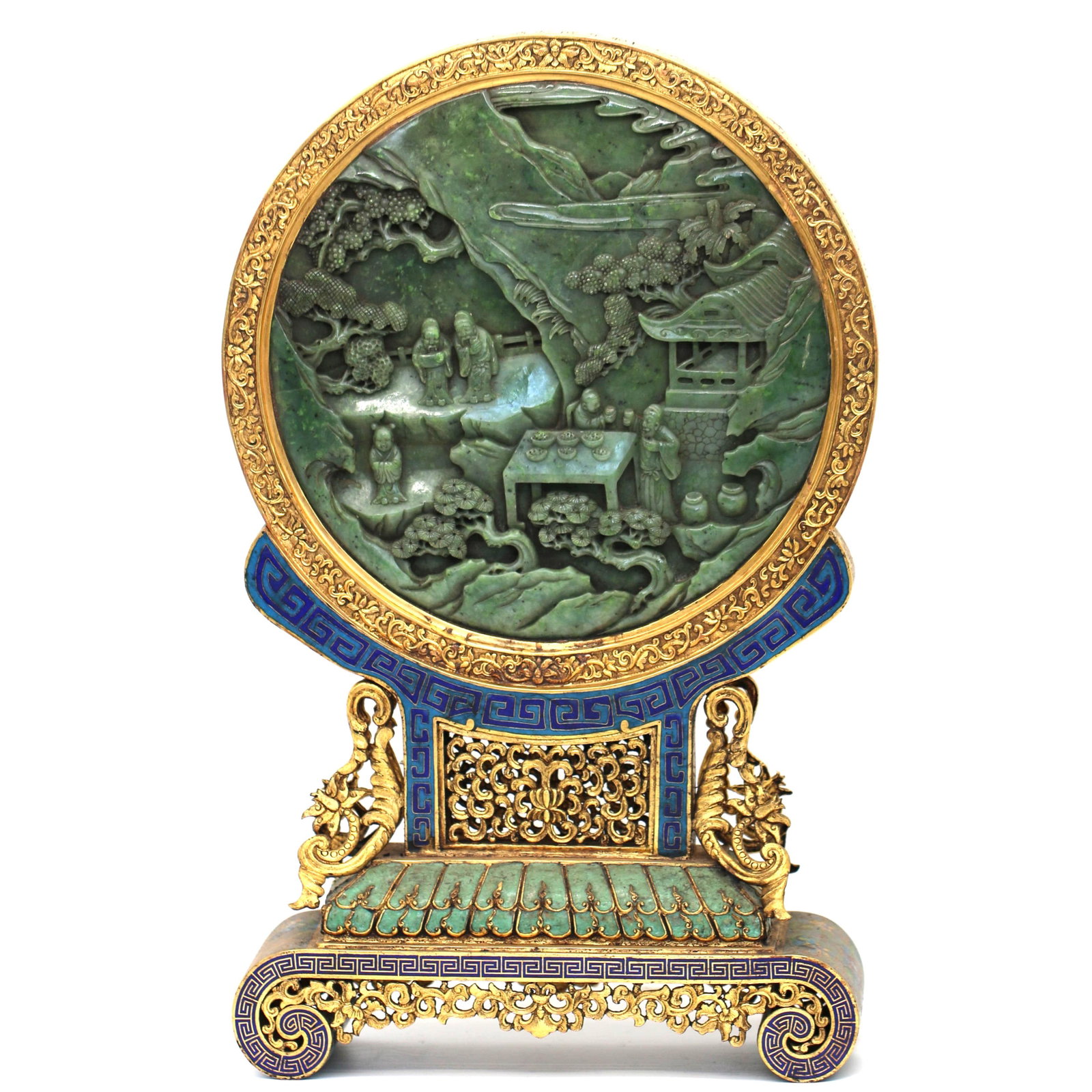A CHINESE JADE INLAID CLOISONNE ROUND TABLE SCREEN: A Chinese Jade Inlaid Cloisonne Round Table Screen Lg.25cmï¼›Wd: 9cmï¼› Ht: 42cm Lg.25cmï¼›Wd: 9cmï¼› Ht: 42cm