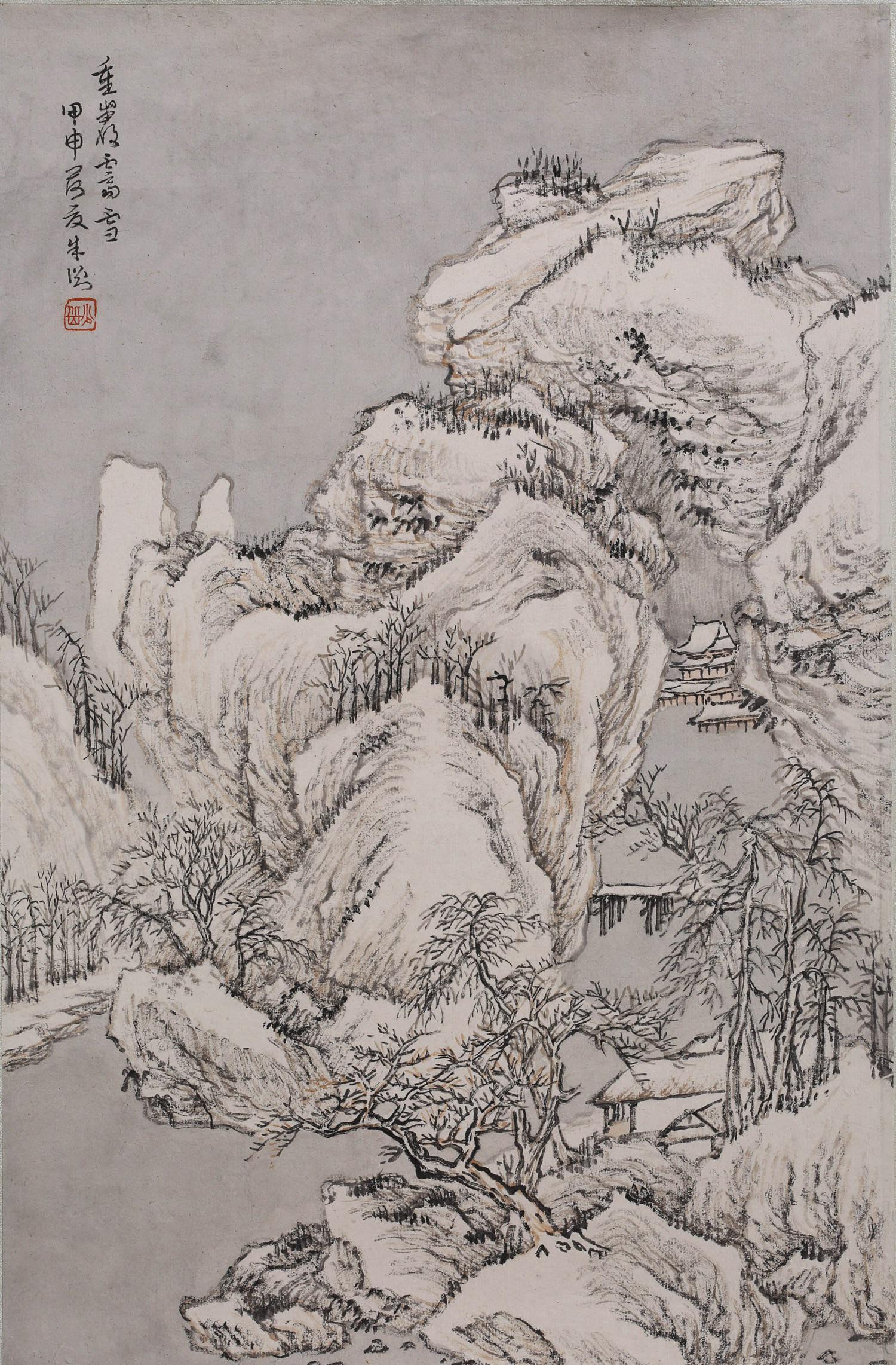 A SCROLL PAINTING OF MOUNTAINS & RIVERS, ZHU SHAO QIU: Dimensions: Length: 34cm, Width: 22cm A Scroll Painting Of Mountains & Rivers, Zhu Shao Qiu Mark