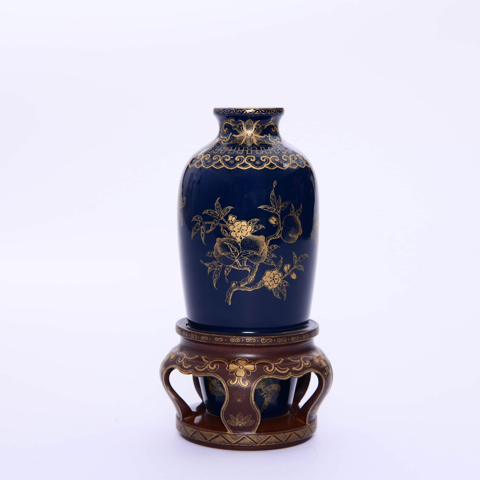 PORCELAIN BLUE-GLAZED GILT-INLAID VASE & STAND,  MARKED (1 of 6)