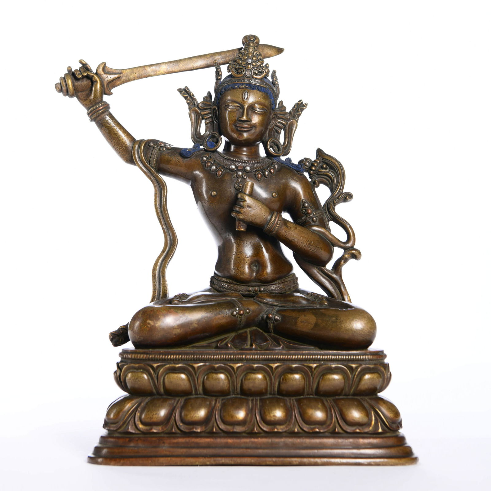 A 12TH CENTURY CHINESE GILT-BRONZE MANJUSHRI STATUE IN (1 of 6)