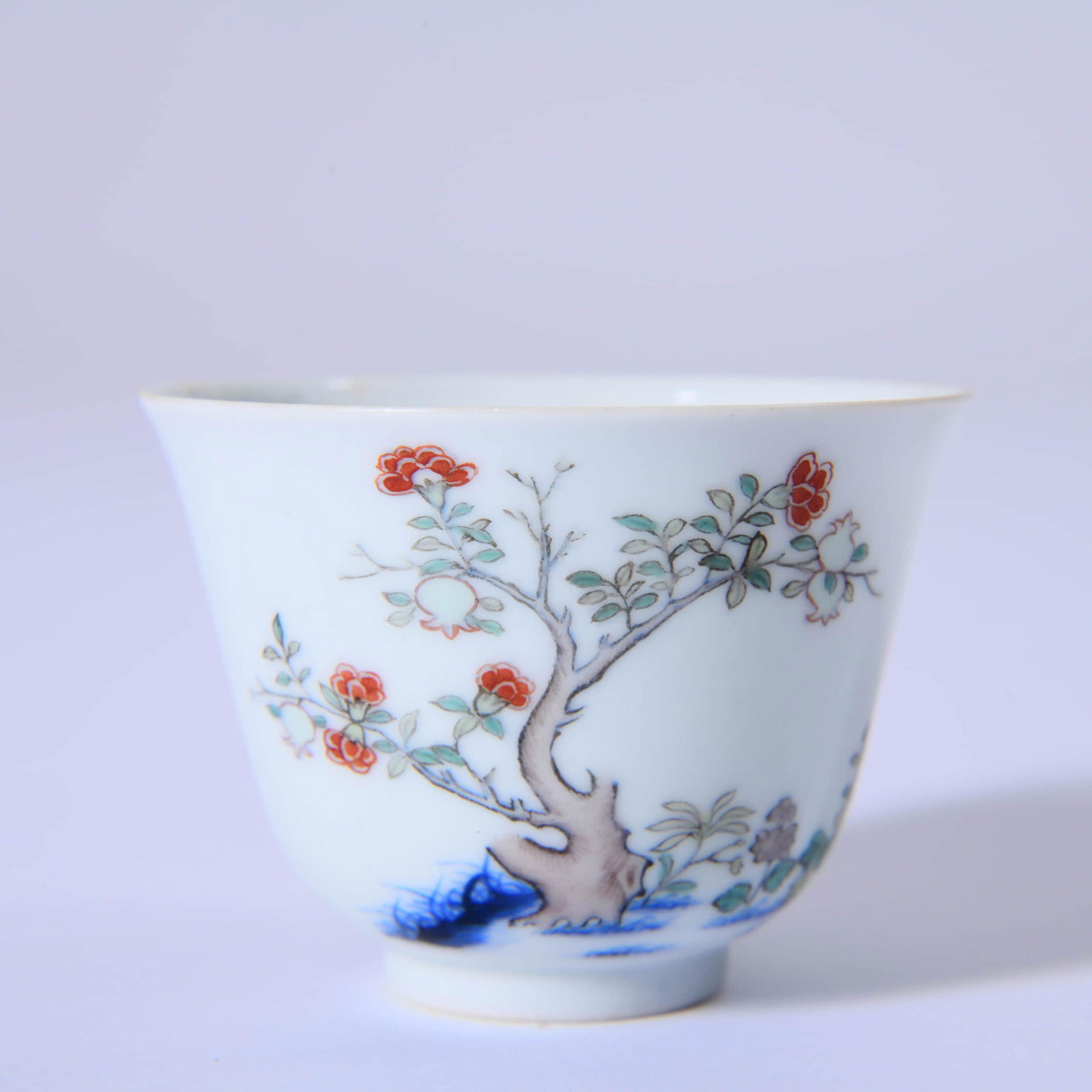 PORCELAIN BLUE & WHITE POMEGRANATE FLOWER CUP,  MARKED (1 of 6)