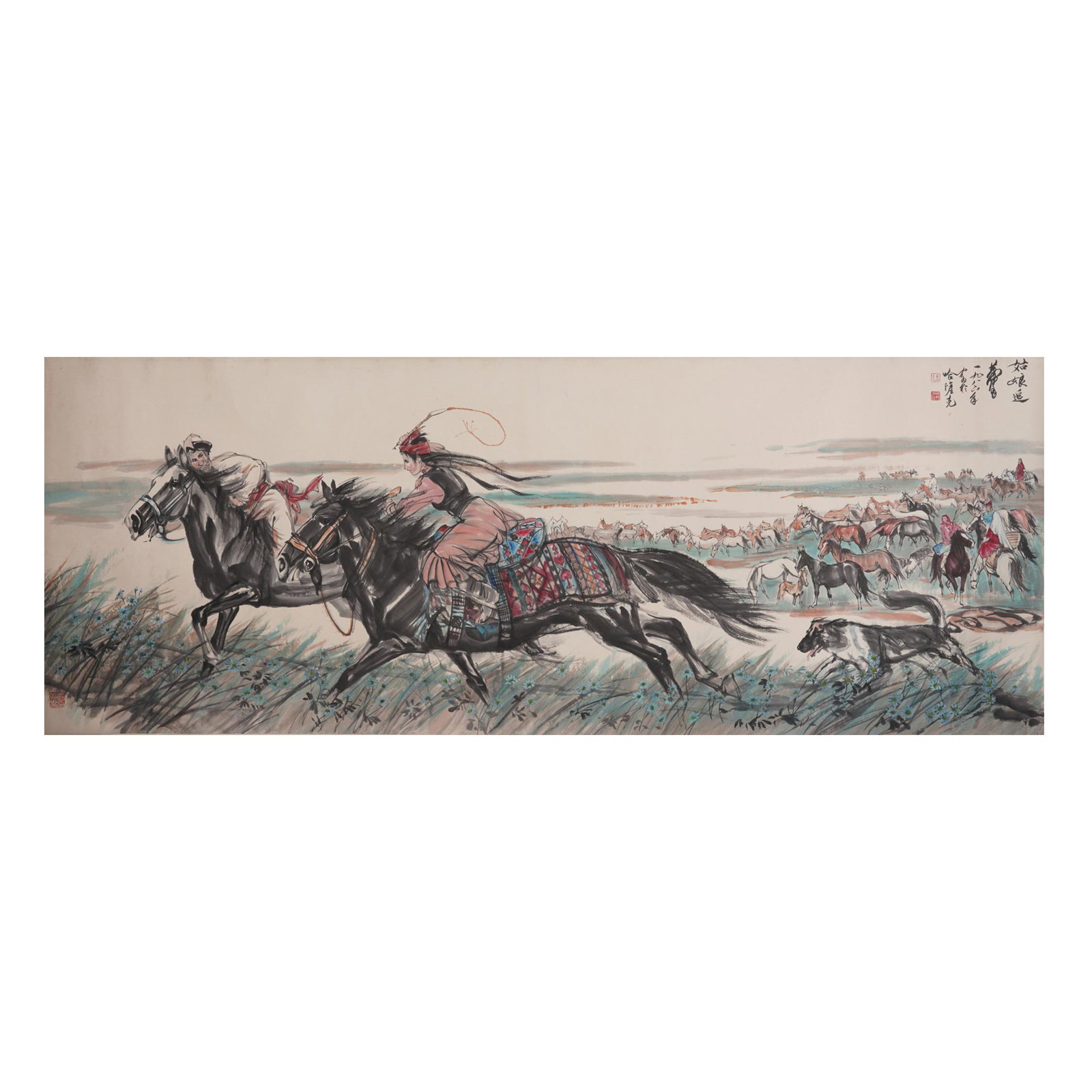 A CHINESE PAINTING OF FIGURE STORY: A CHINESE PAINTING OF FIGURE STORY Image only size 242 cm by 89 cm. Painting depicting minority life, hand scroll, mounted, ink and color on paper, inscribed and signed, two seals of artist.