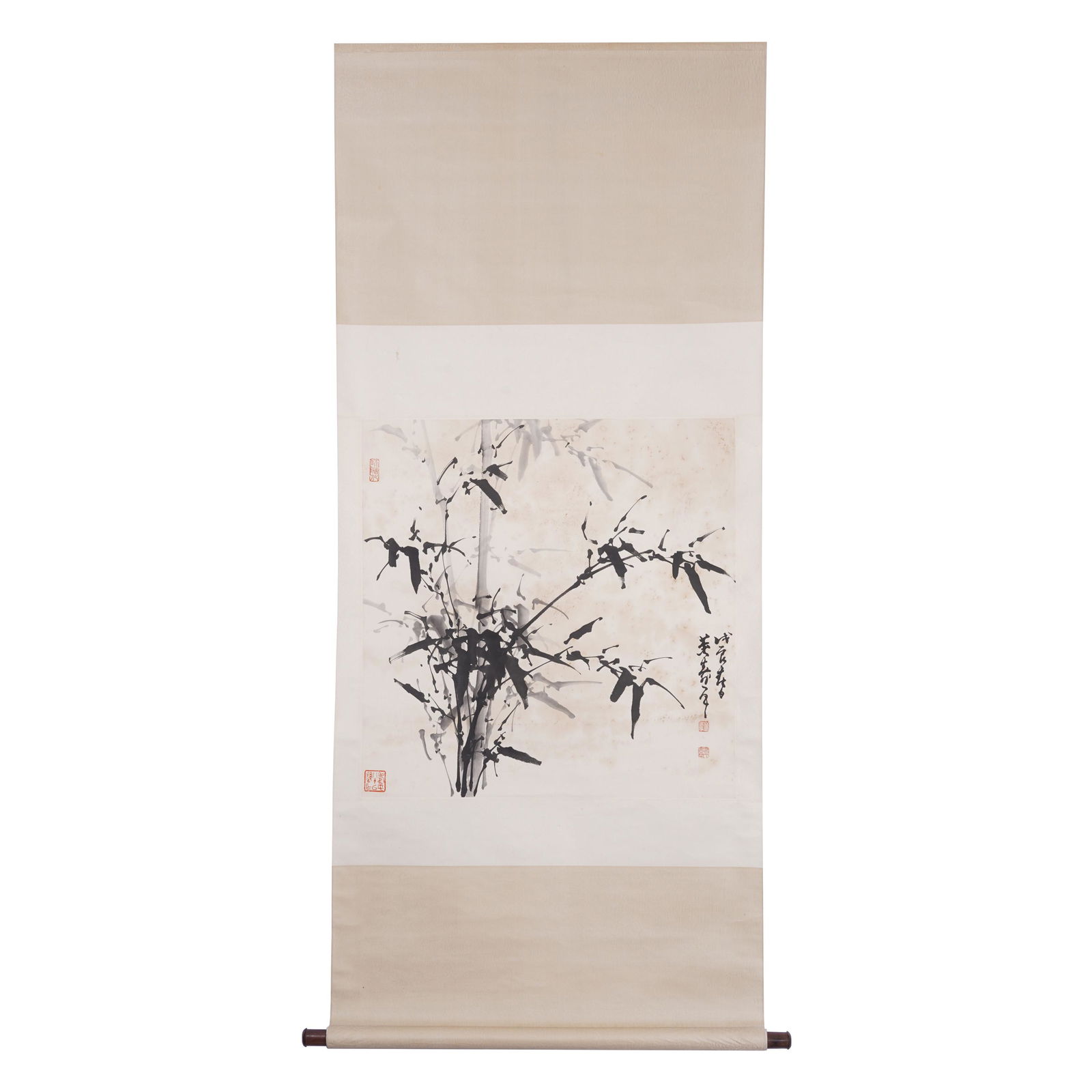 A CHINESE SCROLL PAINTING OF INK BAMBOO: A CHINESE SCROLL PAINTING OF INK BAMBOO Image only size 68 cm by 68 cm. Painting depicting Ink Bamboo, scroll, mounted, ink on paper, inscribed and signed, four seals of artist.