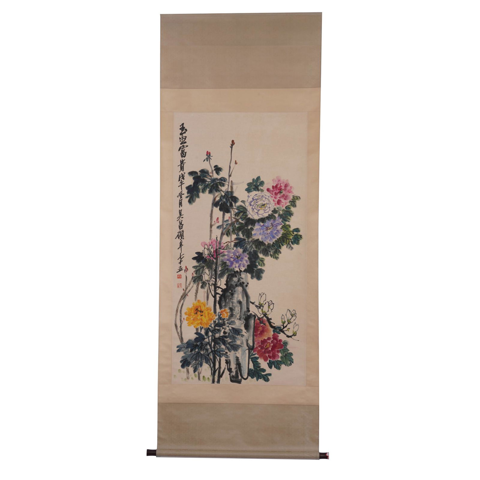 A CHINESE SCROLL PAINTING OF COLORFUL FLOWERS (1 of 6)