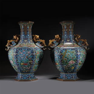 A PAIR OF CHINESE ENAMEL FLOWERS VIEWS VASES,QING: A PAIR OF CHINESE ENAMEL FLOWERS VIEWS VASES,QING 39x28x54 cm x Weight 14400 gram. The octagonal body finely potted with tapering sides, the sloping shoulders rising to a waisted neck and a