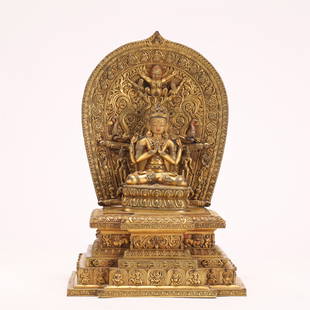 A CHINESE GILT BRONZE FIGURE OF BUDDHA STATUE: A CHINESE GILT BRONZE FIGURE OF BUDDHA STATUE 24 cm L x 17 cm W x 37 cm H x Weight 7480 gram. The bodhisattva cast seated in dhyanasana with the hands holding Namaskara Mudra, dressed in