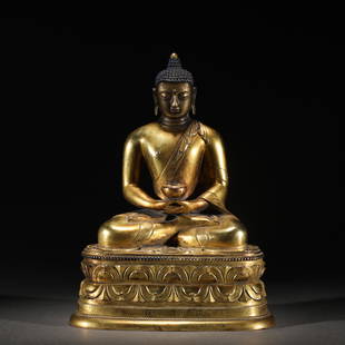 A CHINESE GILT BRONZE FIGURE OF BUDDHA STATUE: A CHINESE GILT BRONZE FIGURE OF BUDDHA STATUE 22 cm L x 14.5 cm W x 28 cm H x Weight 6340 gram. The deity is depicted seated in dhyanasana on a lotus base, with the hands in Dhyana Mudra,