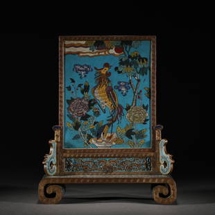 A CHINESE GILT BRONZE CLOISONNE TABLE SCREEN: A CHINESE GILT BRONZE CLOISONNE TABLE SCREEN 22 cm L x 7 cm W x 28 cm H x Weight 2370 gram. Within a fine casted bronze frame, cloisonne enamel panel inlaid, depicting phoenix in garden,