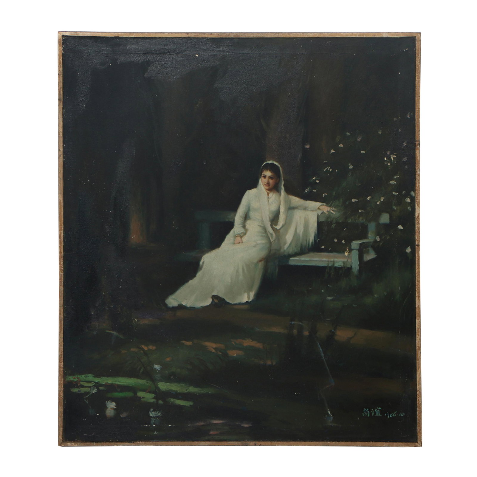 A CHINESE PAINTING OF LADY,SIGNED JIN SHANGYI: A CHINESE PAINTING OF LADY,SIGNED JIN SHANGYI Image only size 66 cm by 68 cm. The painting depicts a girl dressed in white, sitting on a bench in a dense forest. Framed, wood framed, oil painted, with
