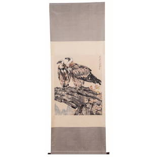 A CHINESE PAINTING OF EAGLES ON STONE,SIGNED XU BEIHONG: A CHINESE PAINTING OF EAGLES ON STONE,SIGNED XU BEIHONG Image only size 98 cm by 78 cm. The painting depicting two eagles standing on a boulder. Scroll painting, mounted. Ink on paper. There are inscr