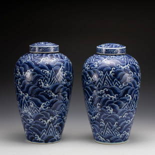 PAIR MING XUANDE BLUE & WHITE LIDDED JARS: Measurements: Width: 26.2 cm, Height: 44 cm A private collectors based in Los Angeles, California, Mitchel family, Plausibly acquired in early 1900 from SING FAT CO. Inc., Oriental Emporium, 613-615 B