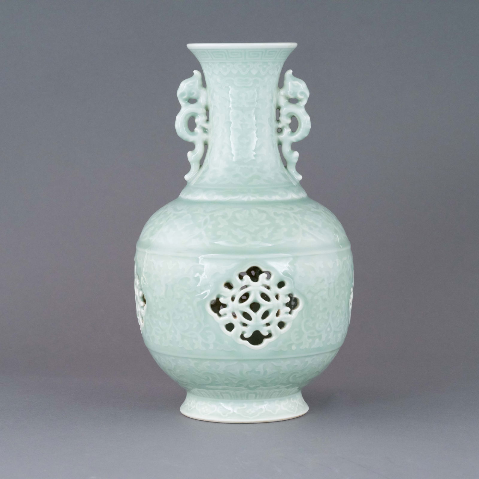 QIANLONG PIERCED DRAGON CELADON GLAZED AMPHORA VASE (1 of 4)