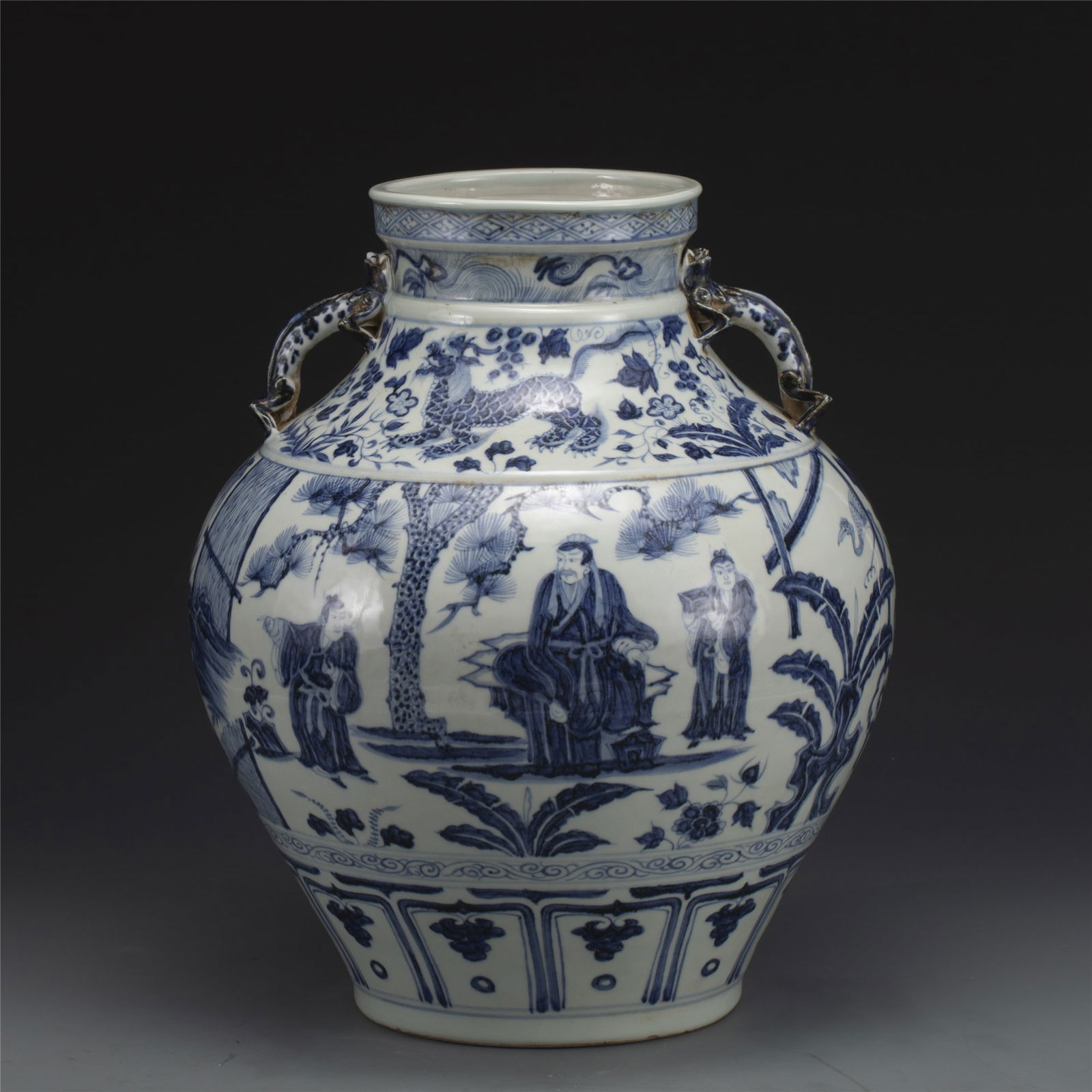 YUAN BLUE & WHITE SCHOLAR MOTIF AMPHORA JAR: Dimensions: Width: 33.7cm, Height: 39.2cm. Chinese Yuan Dynasty Blue and White Scholar Motif Porcelain Amphora Jar. Potted in shape vessel, slight ovoid body, heavy on mid, tapered gracefully to slend