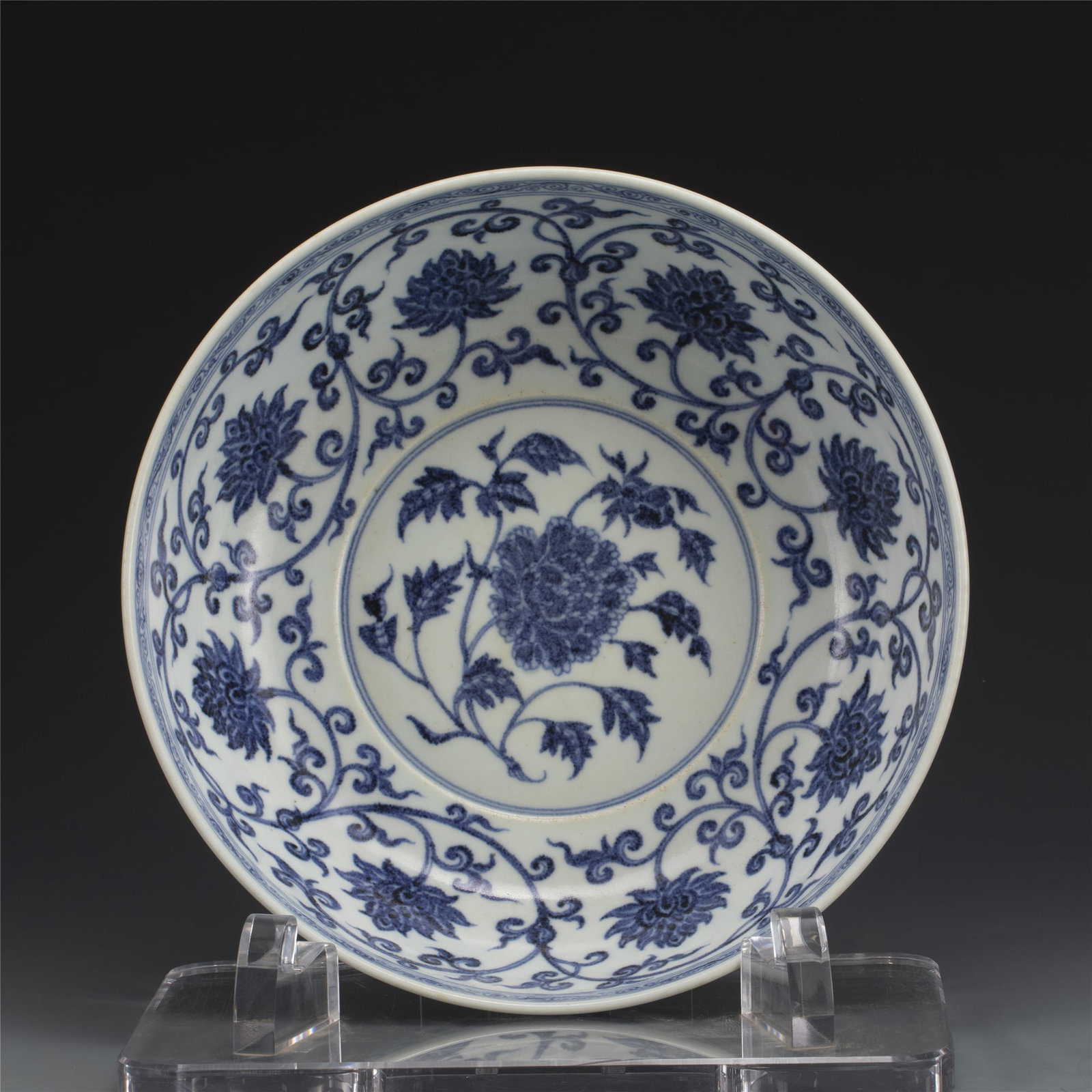 MING BLUE & WHITE LARGE BOWL: Dimensions: Width: 37cm, Height: 12.8cm. Chinese Ming Dynasty Blue and White Lotus Porcelain Large Bowl. Potted in a shallow, large thick and slight deep, flaring rim with close mouth rim, raised on r