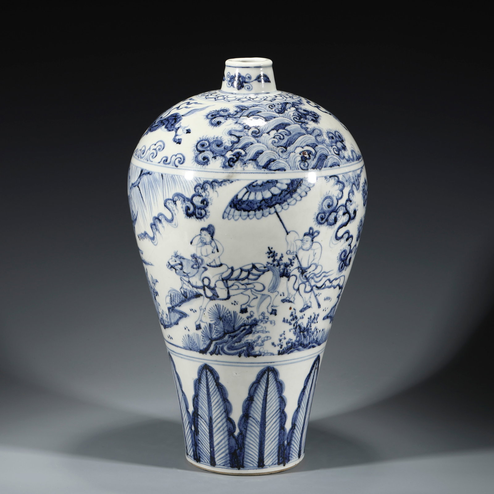MING BLUE & WHITE FIGURINES MOTIF MEIPING JAR: Dimensions: Width: 22cm, Height: 44cm Chinese Ming Dynasty Blue and White Porcelain Meiping Vase. The porcelain potted into a traditional Meiping form vase, large, thick and tall potted, wide body on 