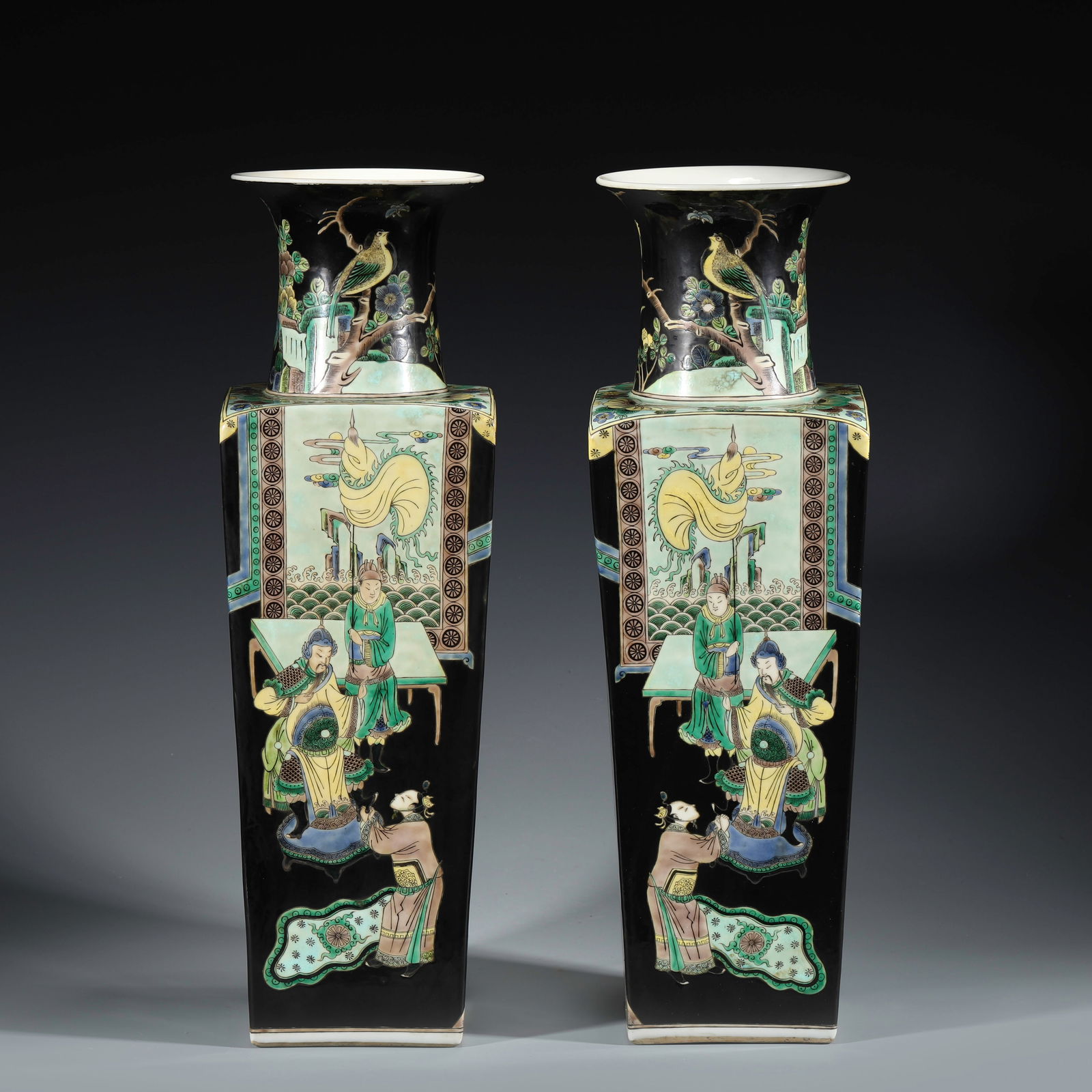 PAIR KANGXI FAMILLE NOIR SQUARE VASE (1 of 9)