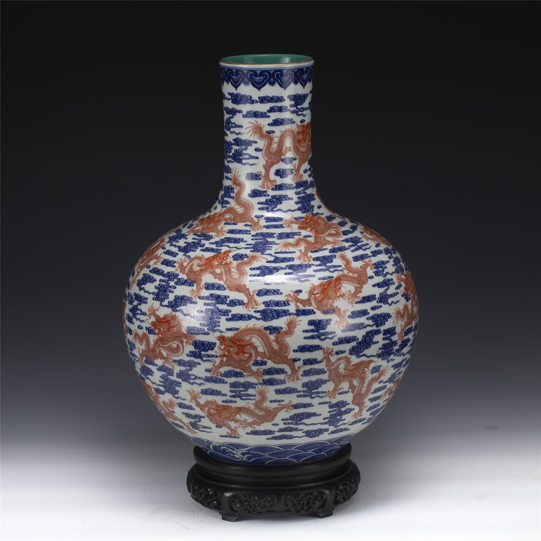 QING QIANLONG ALUM RED BLUE & WHITE CELESTIAL BALL VASE ON STAND (1 of 7)