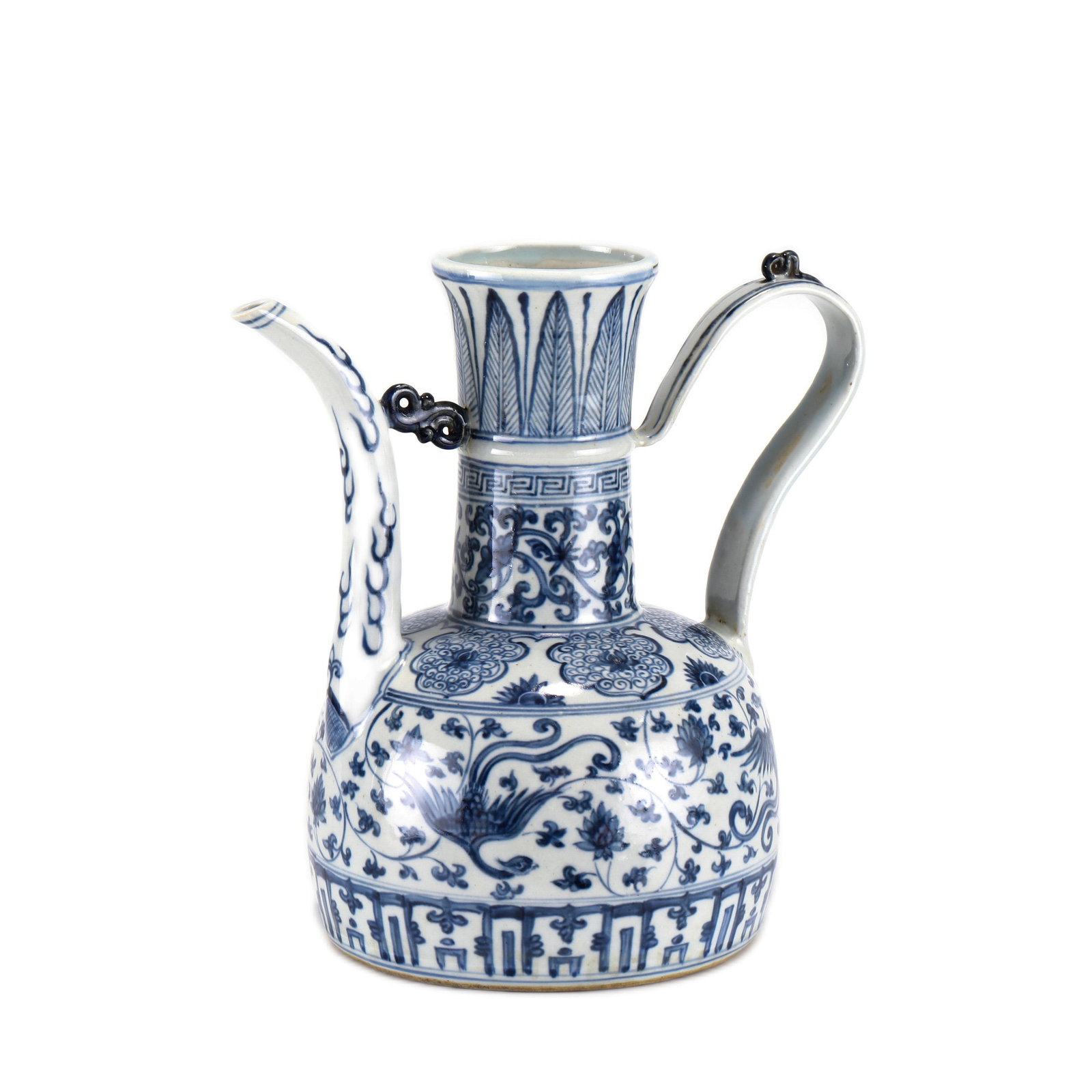 MING BLUE & WHITE PORCELAIN WINE POT: PROVENANCE: From waldorf, MD Private Collector. Dimensons: Height: 26.2 cm, Length: 25.8 cm, Width: 18 cm Chinese Ming Dynasty Blue and White Porcelain wine pot. Potted in kettle shape, thick and tall