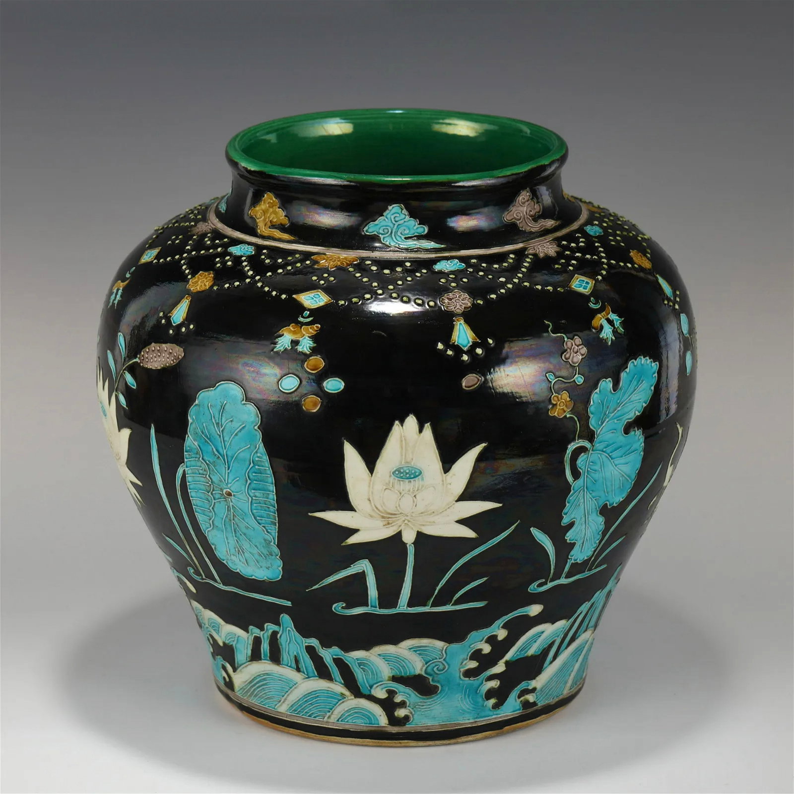 MING FAHUA GLAZED LOTUS POND PORCELAIN JAR: Measurements: Height: 30 cm, Diam.: 28.5 cm Chinese Ming Dynasty FaHua Glazed Cranes Motif Porcelain Jar. This porcelain has an round open mouth with a slightly out-turned lip, short thick neck leads 