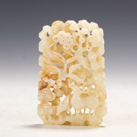 A CHINESE CARVED JADE DEER PLAQUE