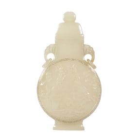 A CARVED WHITE JADE VASE WITH COVER