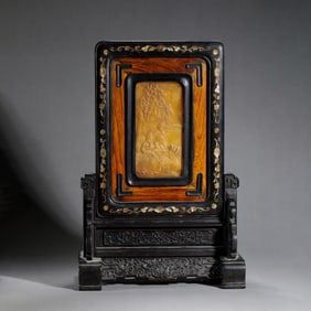 A SOAPSTONE INLAID ROSEWOOD TABLE SCREEN