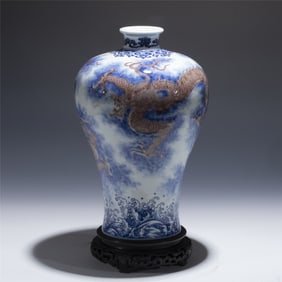 QING QIANLONG BLUE & WHITE GLAZE RED PLUM VASE