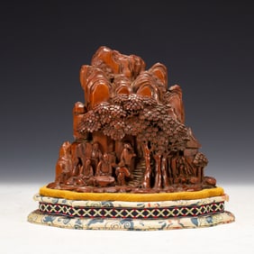 A CHINESE CARVED BOXWOOD LANDSCAPE DECORATION