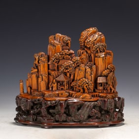 A CHINESE CARVED BOXWOOD LANDSCAPE DECORATION