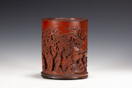 A CHINESE CARVED BAMBOO BRUSHPOT