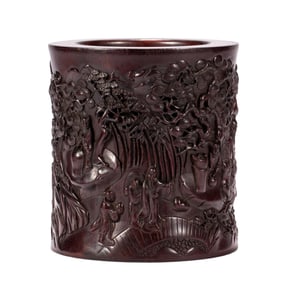 A CARVED ROSEWOOD LANDSCAPE BRUSHPOT