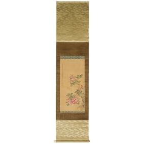 CHINESE SILK SCROLL PAINTING OF BIRD & ROSE