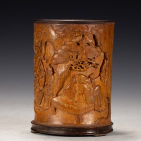 A CHINESE CARVED BAMBOO FIGUAL STORY BRUSH-POT