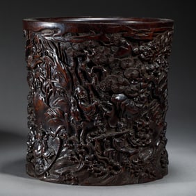 A FINE CARVED BAMBOO FIGURAL STORY BRUSHPOT