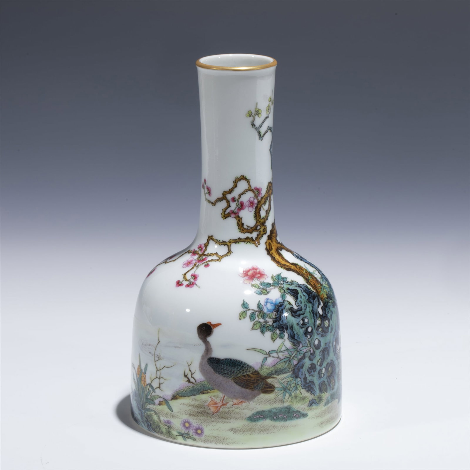 QING YONGZHENG FAMILLE ROSE RATTLE ZUN: Dimensions: length: 10. 8 cm, Width: 10. 8 cm, Height: 18. 7 cm Chinese Qing Dynasty Yongzheng Famille Rose Porcelain Rattle Zun. Potted in bell shape vase, globular lower body, tapered gracefully tow